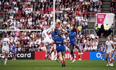 England & France contest for the high ball during the WRWC semi final England & France contest for the high ball during the WRWC semi final